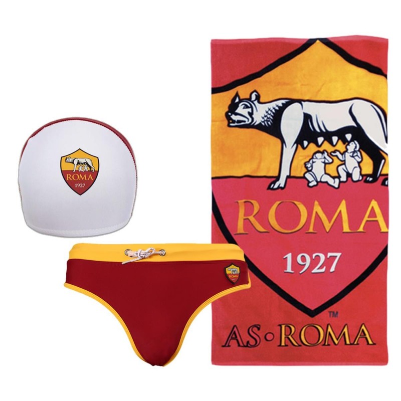 AS ROMA COSTUME SLIP ROSSO CON CUFFIA E TELO MARE AMISTAD - 1